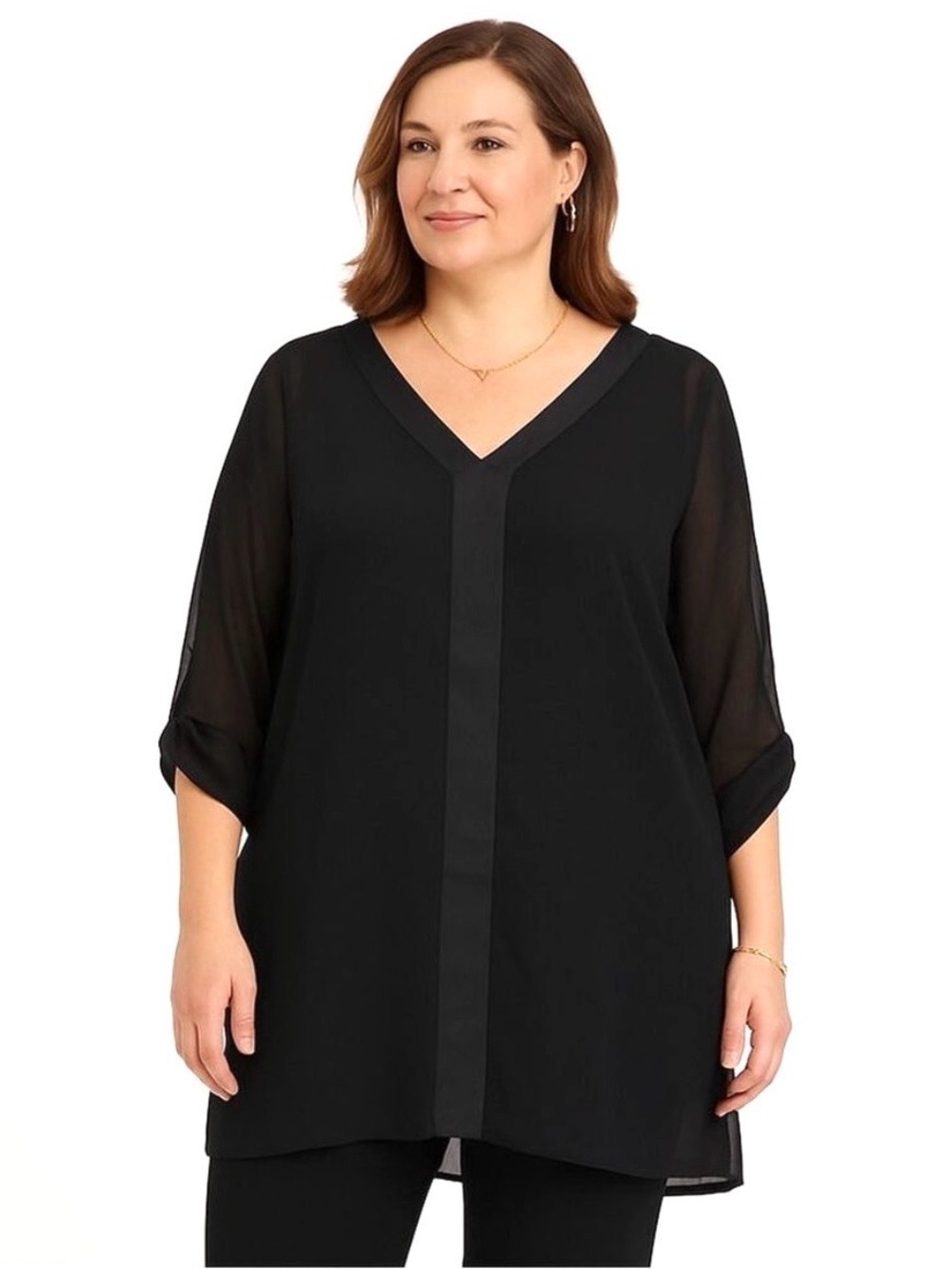 Michel Studio Sheer Black Tunic Blouse Size 14 Roll Tab Sleeves V-Neck Side Slit